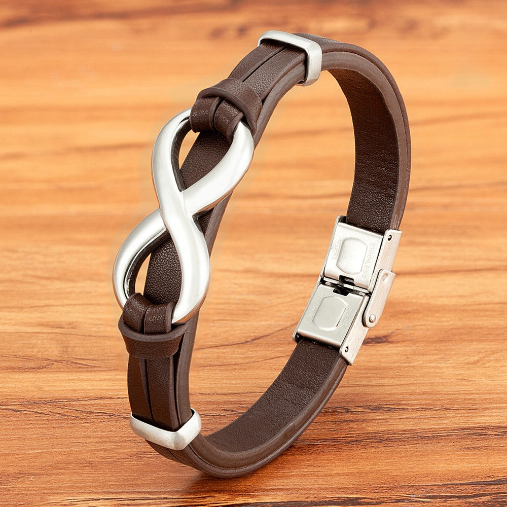 Men's Leather 8-word Stainless Steel Magnetic Snap Leather Bracelet