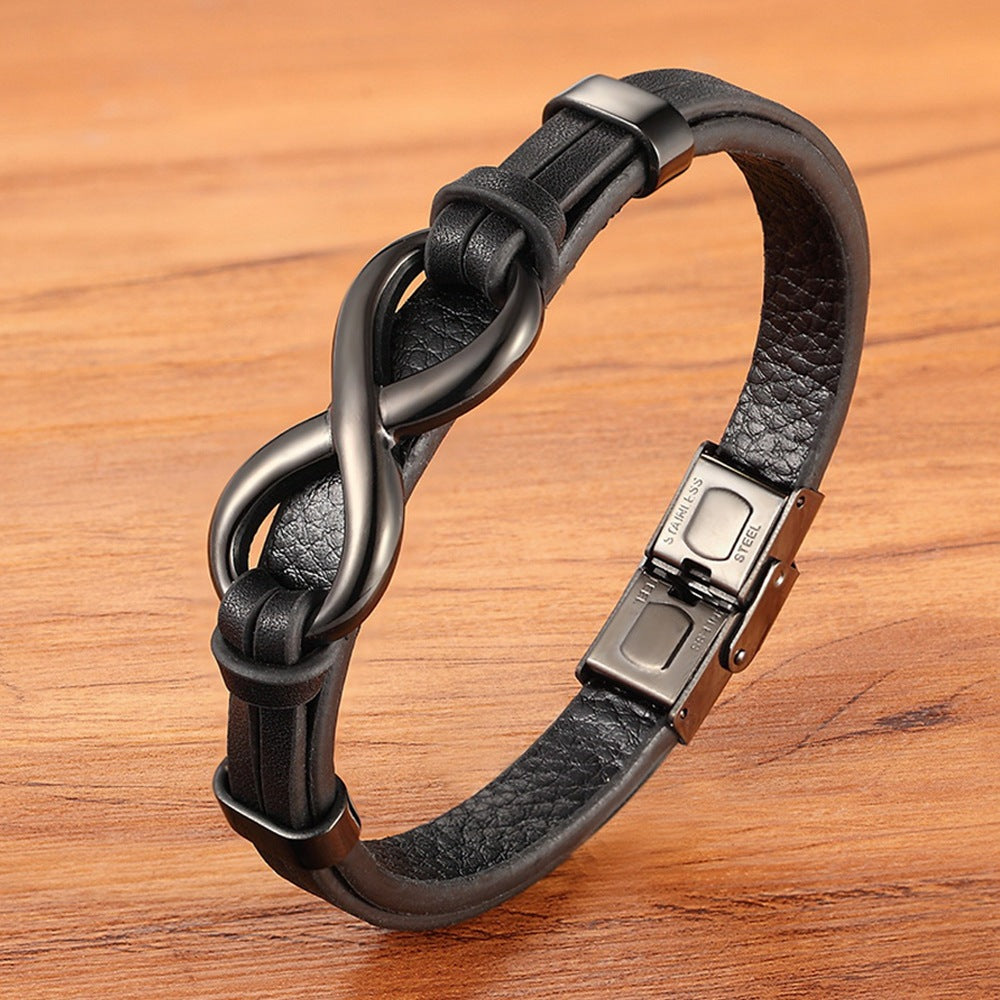 Men's Leather 8-word Stainless Steel Magnetic Snap Leather Bracelet