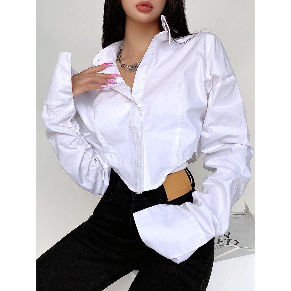 Women's Design Sense Niche Lapel Long Sleeve Short Cinched Blouse - Nioor