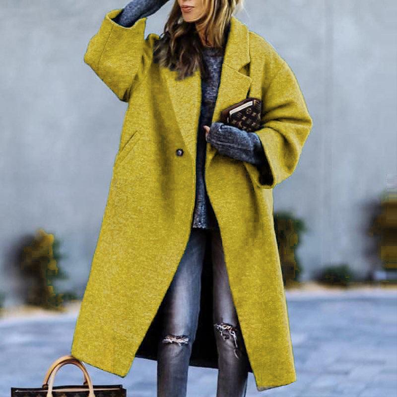 Autumn And Winter Long Woolen Color Temperament Commute No Belt Lapel Loose Woolen Green Coat - Nioor