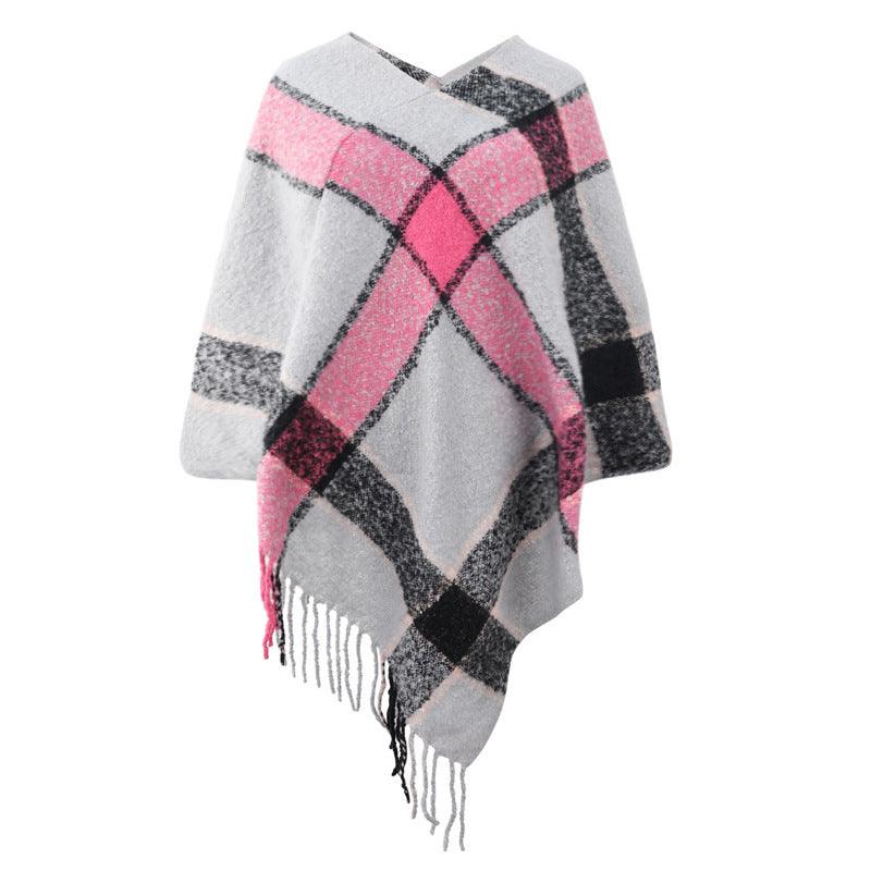 Cashmere Contrast Color Striped Cape Knitted Tassel Scarf - Nioor