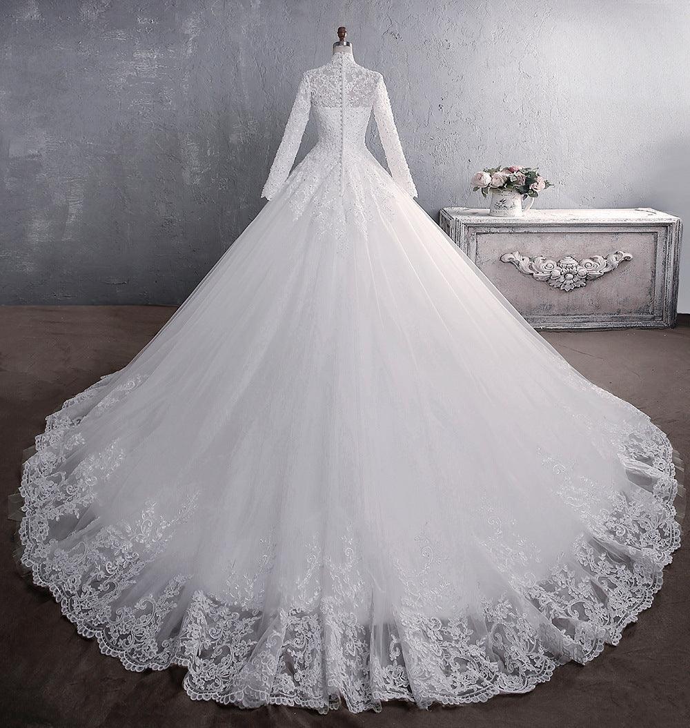 Lace Wedding Dress Bridal Stand-up Collar Long-sleeved Large Tail Large Size - Nioor