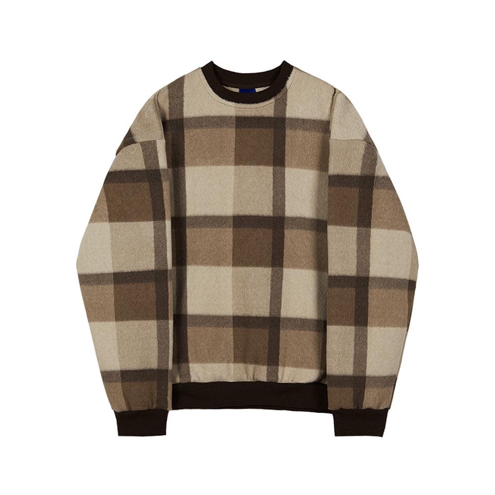 Plush Plaid Sweater Men's Loose Trendy Round Neck Top - Nioor