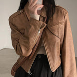 Women's Retro Hong Kong Style Lapel Long-sleeved Leather Jacket - Nioor