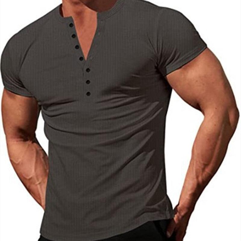 Men's Solid Color Buttons V-neck Slim T-shirt - Nioor