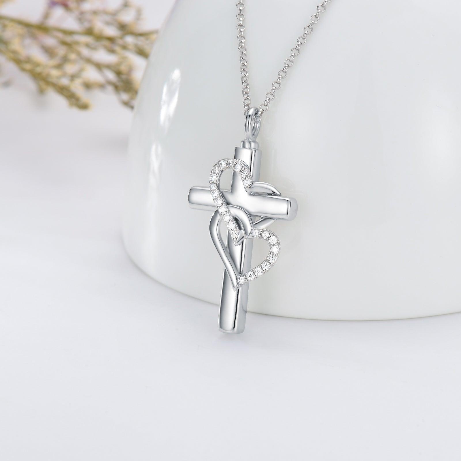 Cross Sterling Silver Ashes Urn Heart Pendant Necklace As Cremation Keepsake Jewelry - Nioor