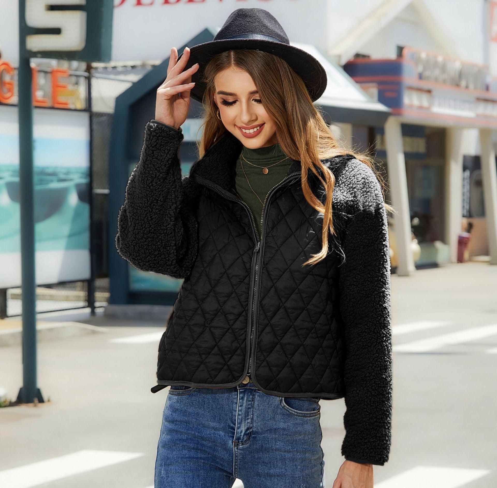 Women's Plush Jacket With Rhombus Stitching Design Clothing Fashion Winter Warm Lamb Lapel Zipper Short Coat Outwear - Nioor