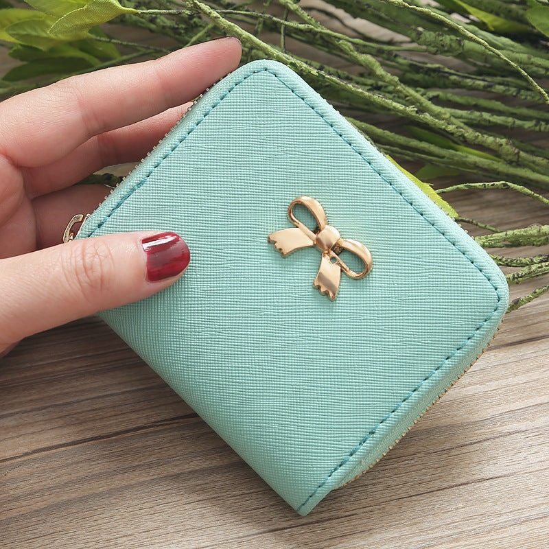 New Solid Color Bow Women's PU Leather Zipper Wallet