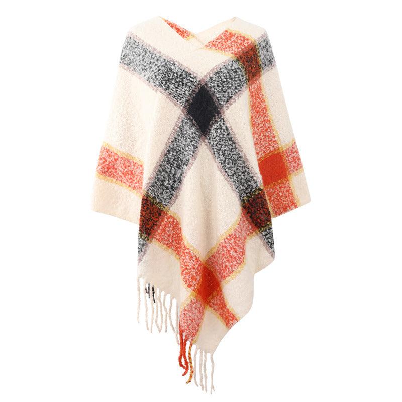 Cashmere Contrast Color Striped Cape Knitted Tassel Scarf - Nioor