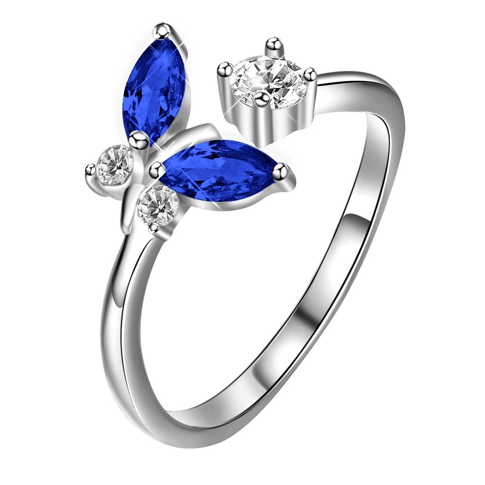 925 Sterling Silver Butterfly Ring with Sapphire Blue Crystal - Nioor