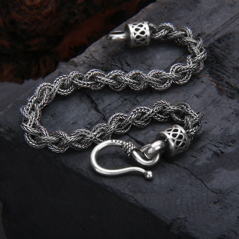 S925 Sterling Silver Distressed Woven Twisted Bracelet