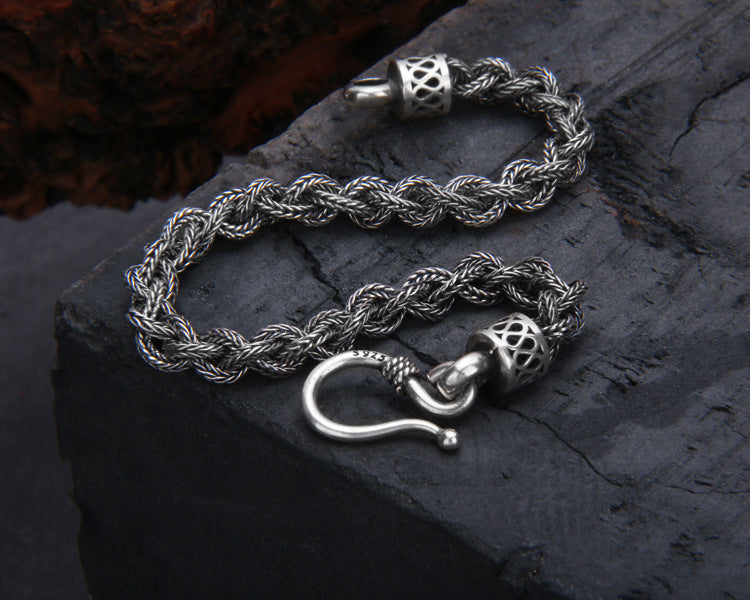 S925 Sterling Silver Distressed Woven Twisted Bracelet