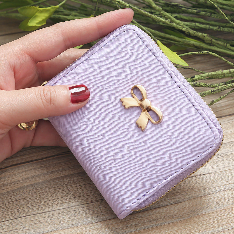 New Solid Color Bow Women's PU Leather Zipper Wallet