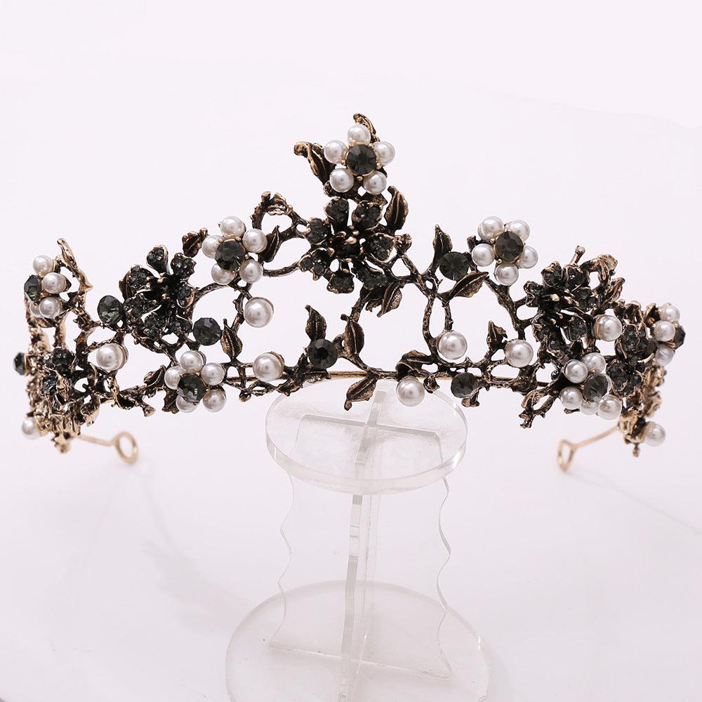 Floral Black Diamond Pearl Baroque Bridal Crown Wedding Tiara Accessories - Nioor