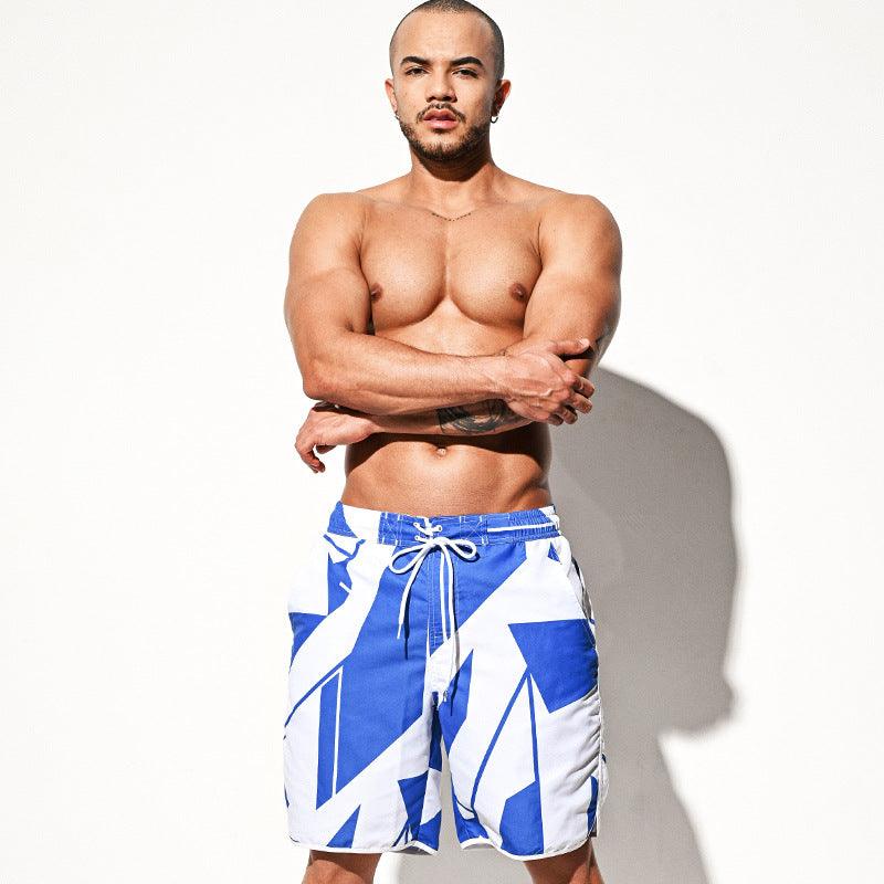 Men's Casual Beach Pants Loose Comfortable Blue And White Printed Beach Shorts - Nioor