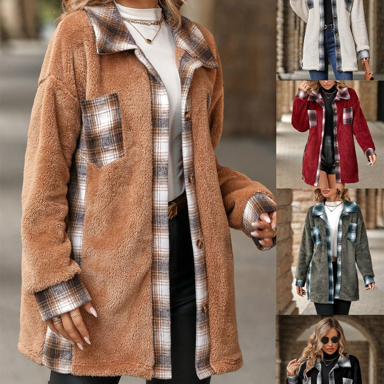 Women's Fashion Single-breasted Lapel Mid-length Plaid Plush Coat - Nioor