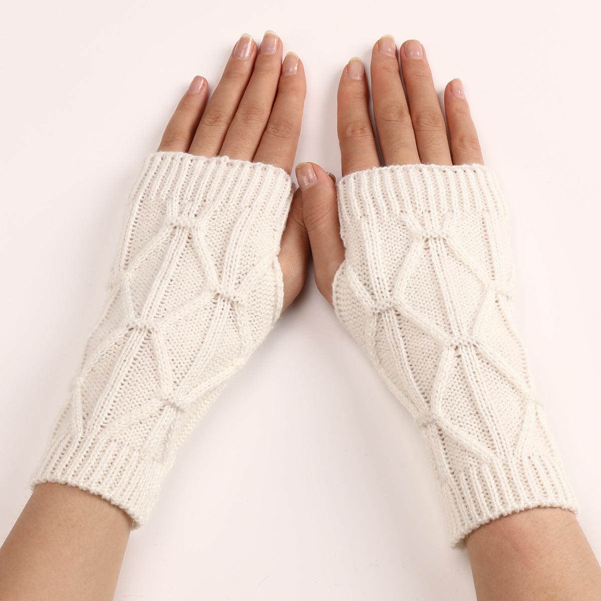 Rhombus Fashion Oversleeve Knitted Wool Keep Warm Half Finger Gloves - Nioor