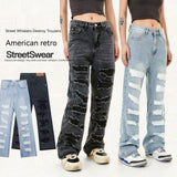 Street Men's Wear Washed Distressed Cat Beard Casual Pants Destroyed Tassel Straight Jeans - Nioor