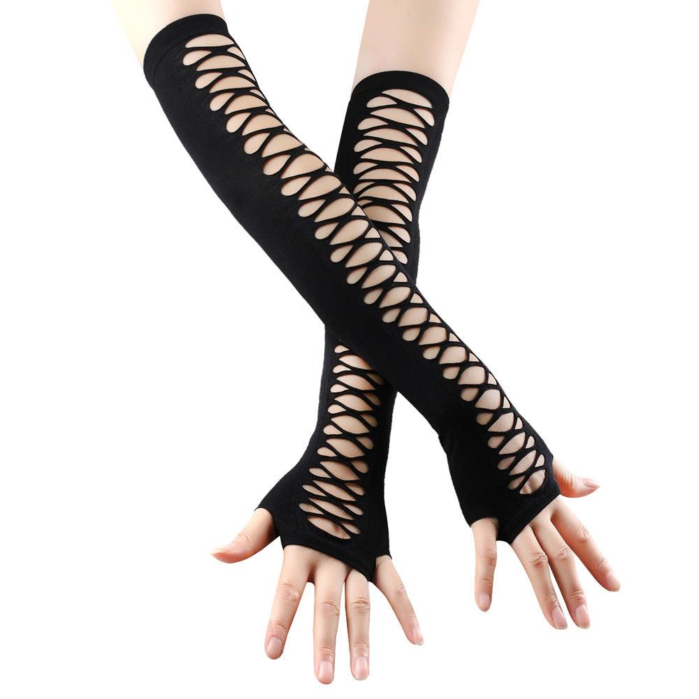 Mid-length Ripped Gloves Hollow Cross Mesh - Nioor