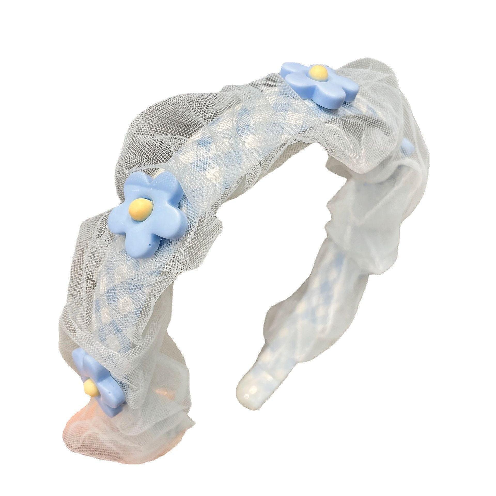 Mesh Pearl Small Flower Blue Color Face Wash Hair Bands Female - Nioor