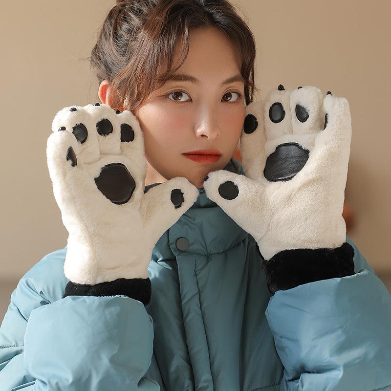 Cute Cartoon Bear Claw Plush Gloves Female Winter Warm Fleece-lined Thickened Hand-shaped Brush Road Bike Skiing - Nioor