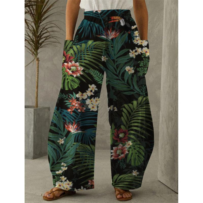 New Printed Wide-leg Pants Flower And Bird Loose Casual Wide-leg Trousers - Nioor