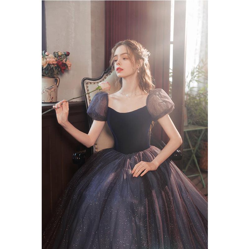 Blue Bubble Sleeve Wedding Dress Banquet Evening Dress Bride Toast Dress - Nioor