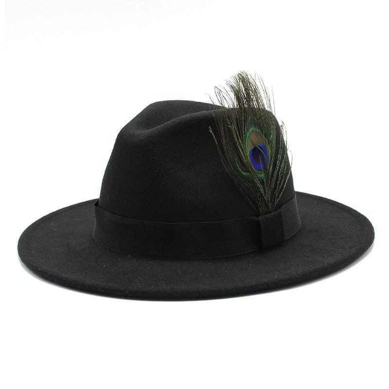 Women's Woolen Big Brim Peacock Feather Casual Sun Hat - Nioor