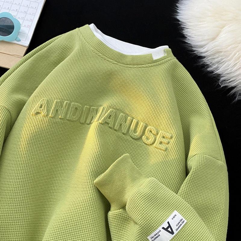 Heavy Avocado Green Hoody Men's Trendy Waffle Capless Round Neck - Nioor