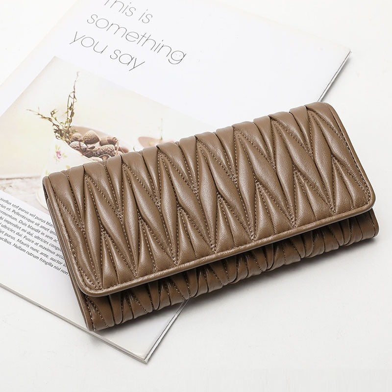 Women's Fashion Multi-card-slot Pleated Long Genuine Leather Wallet