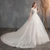 Wedding Dress Trailing Deep V Neck Lace High Waist Wedding Dress Long Sleeves - Nioor