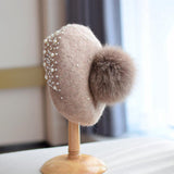 Fox Fur Ball Beret Female Woolen Pearl - Nioor