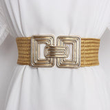 Square Metal Buckle Jute Wide Belt - Nioor