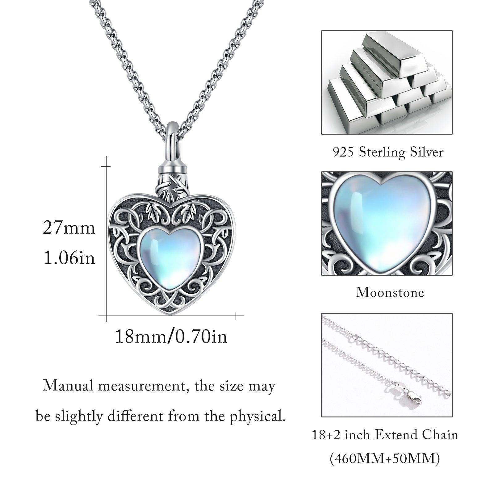 Heart Urn Necklace 925 Silver Moonstone Ashes Necklace Cremation Jewelry - Nioor