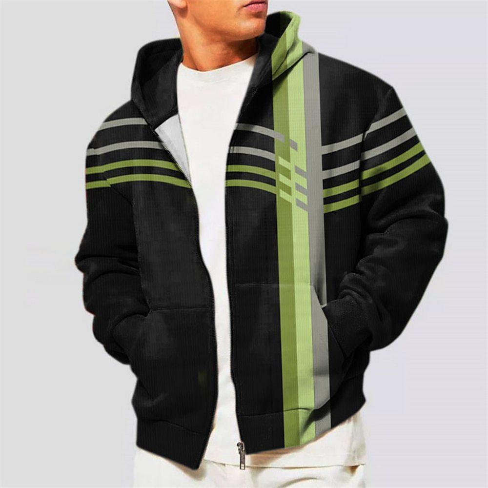 Men's Hoodie Jacket Coat Zipper Hooded Sweatshirt Sports Classic Casual Striped Pattern Printed Gradient Coat - Nioor