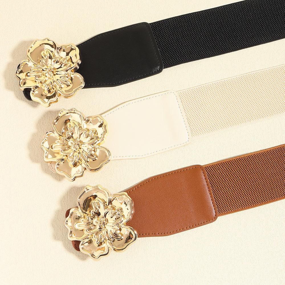 Elegant Women's Stretch Elastic Belt Metal Large Flower Needle Buckle Decorated Dress Shirt Waist Belt - Nioor