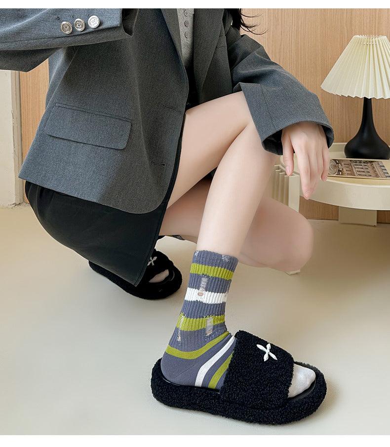 Ripped Beggar Socks Women Striped Bunching Socks - Nioor