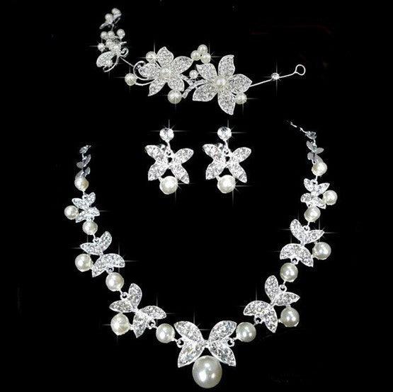 Butterfly Bridal Jewelry Set Chain Pearl Jewelry Three Piece Bridal Soft Chain Headdress Bridal Jewelry Set - Nioor