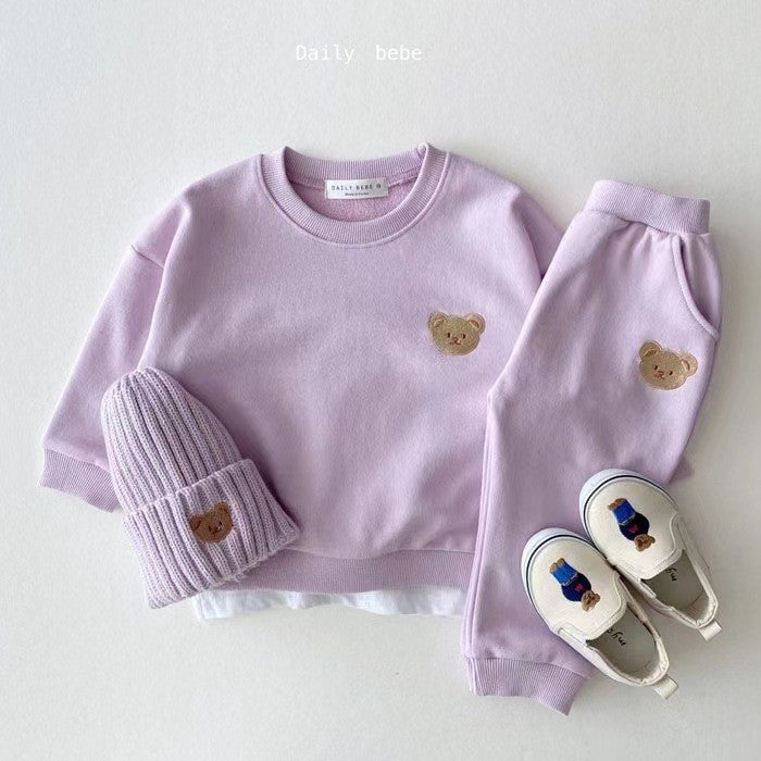 Newborn Infant Children's Cotton Bear Round Neck Sweater Sports Suit Cartoon Two Piece Set