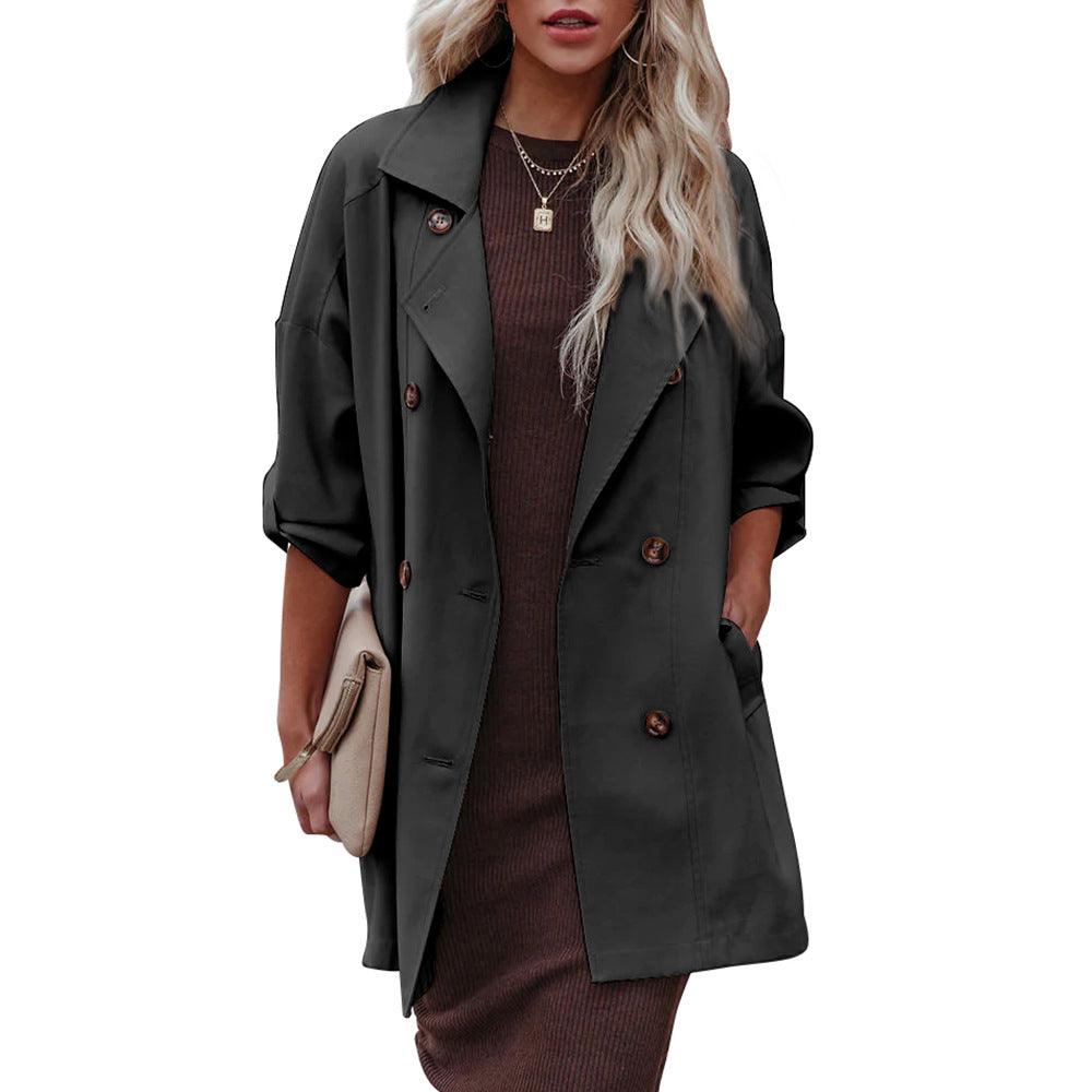 Medium Long Loose Casual Long Sleeve Trench Coat - Nioor