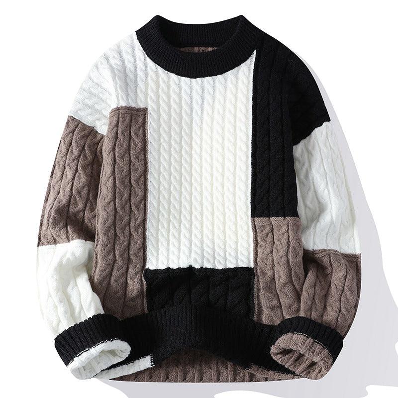 Men's Crew Neck Pullover Sweater Color Contrast Patchwork - Nioor