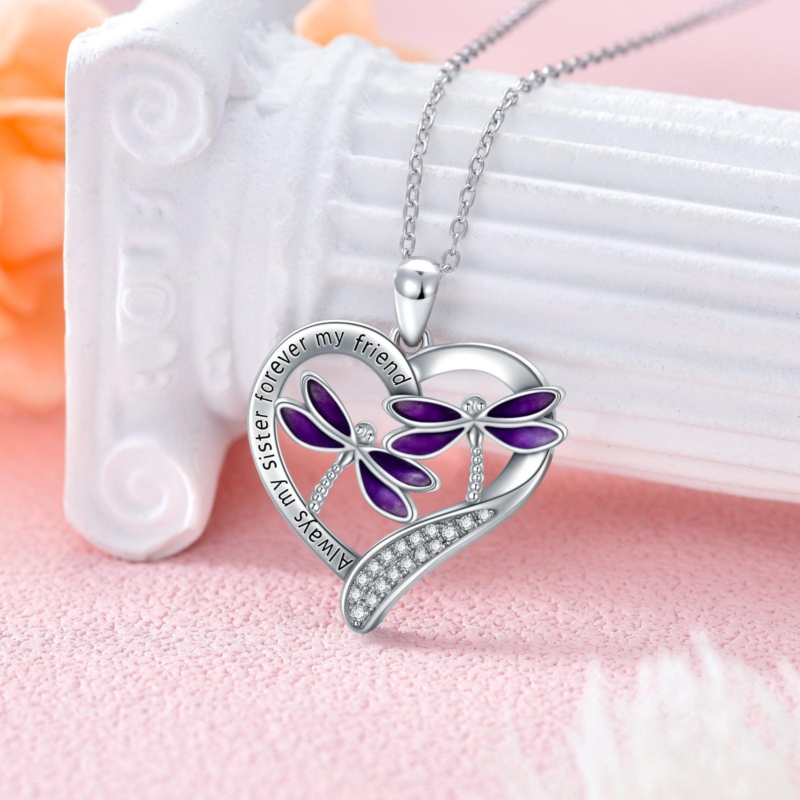 Purple Dragonfly Pendant Necklace in White Gold Plated Sterling Silver - Nioor