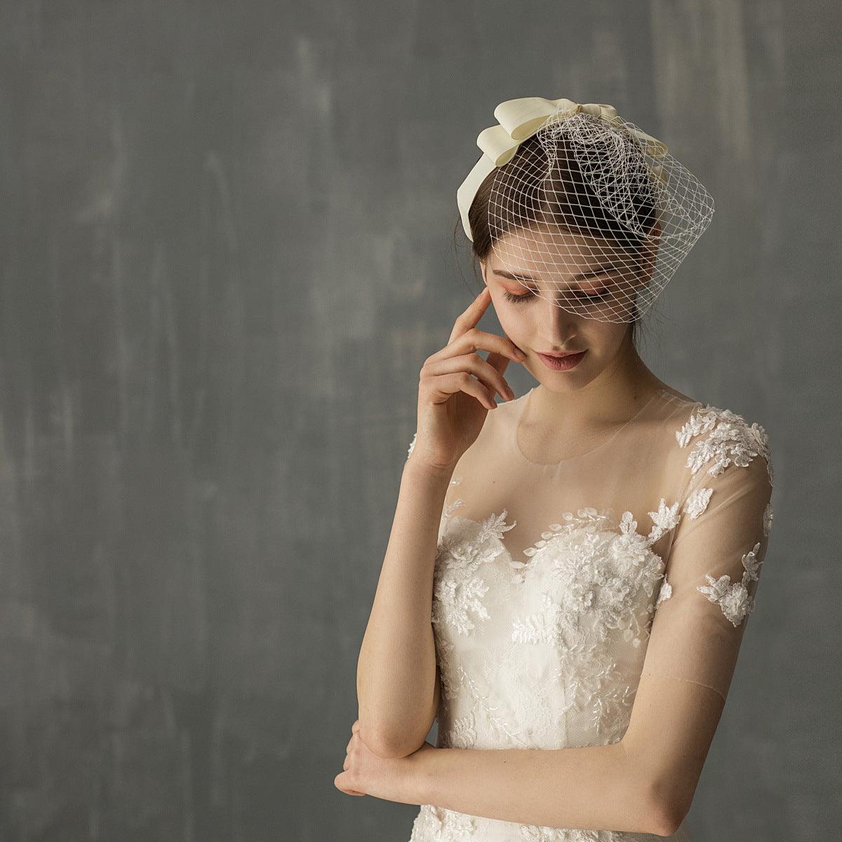 European And American White Mesh Bow Veil - Nioor