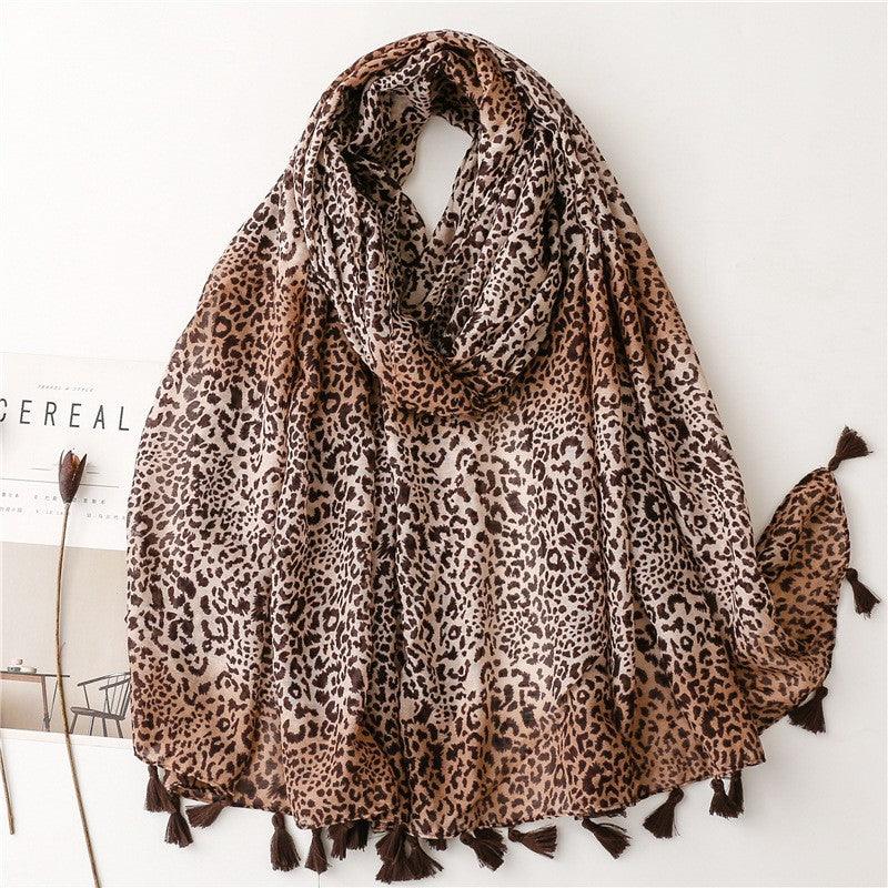 Fashion Large Leopard-print Personality Voile Silk Scarf Coffee Color Gradient Handmade Tassel Sun-proof - Nioor