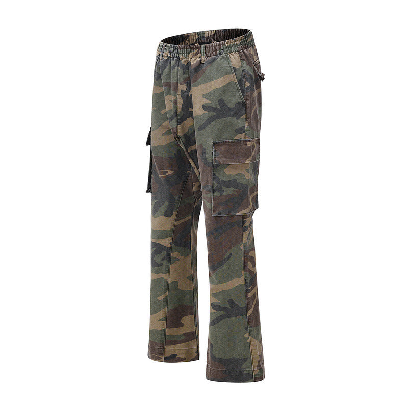 Washed And Distressed Camouflage Stitching Multi-pocket Tooling Micro Trousers