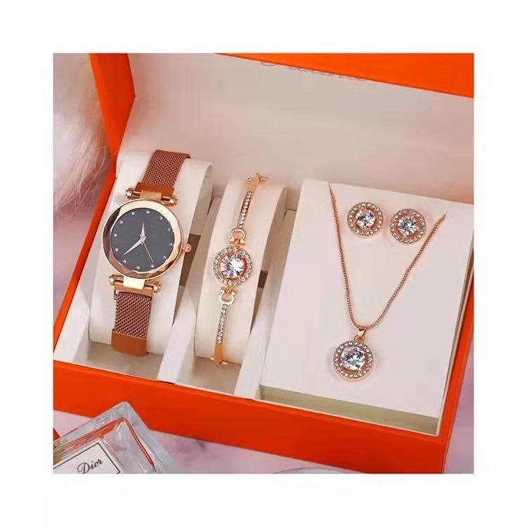 Women's Suit Gift 5-piece Set Watch Bracelet Ring Necklace Earrings Combination Gift Box - Nioor