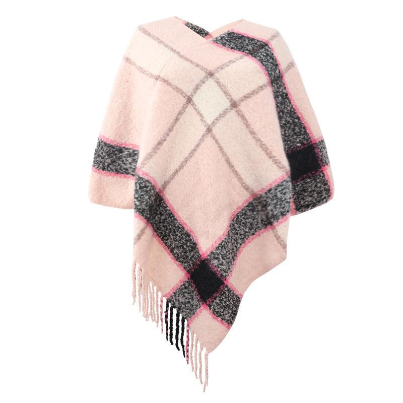 Cashmere Contrast Color Striped Cape Knitted Tassel Scarf - Nioor