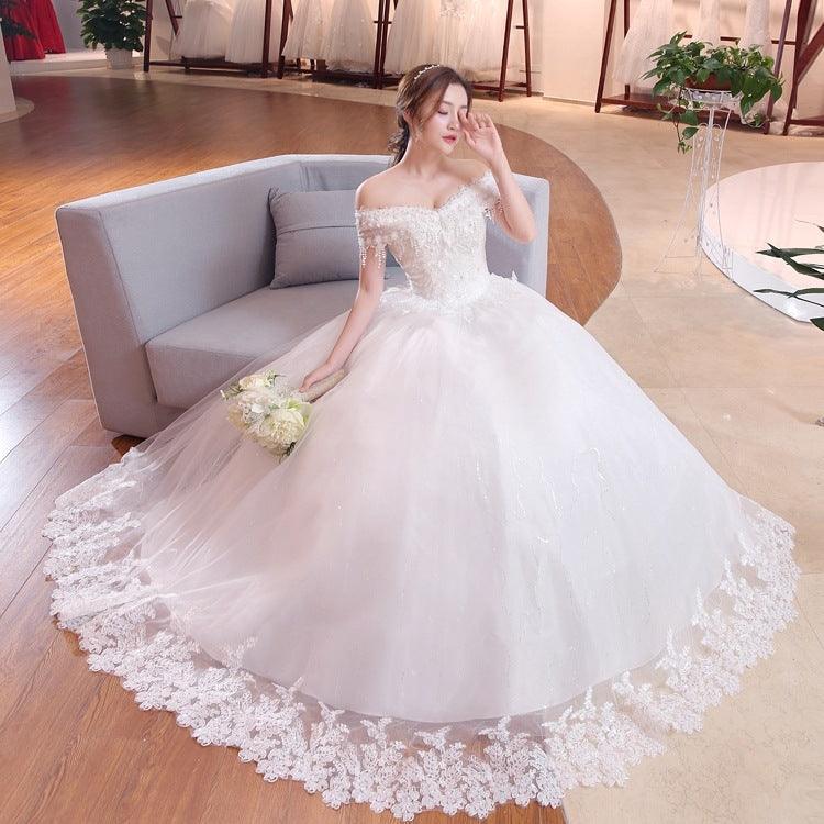 Shoulder-to-shoulder Wedding Dress Bridal Lace Plus Size Thin Shoulder Wedding Dress - Nioor