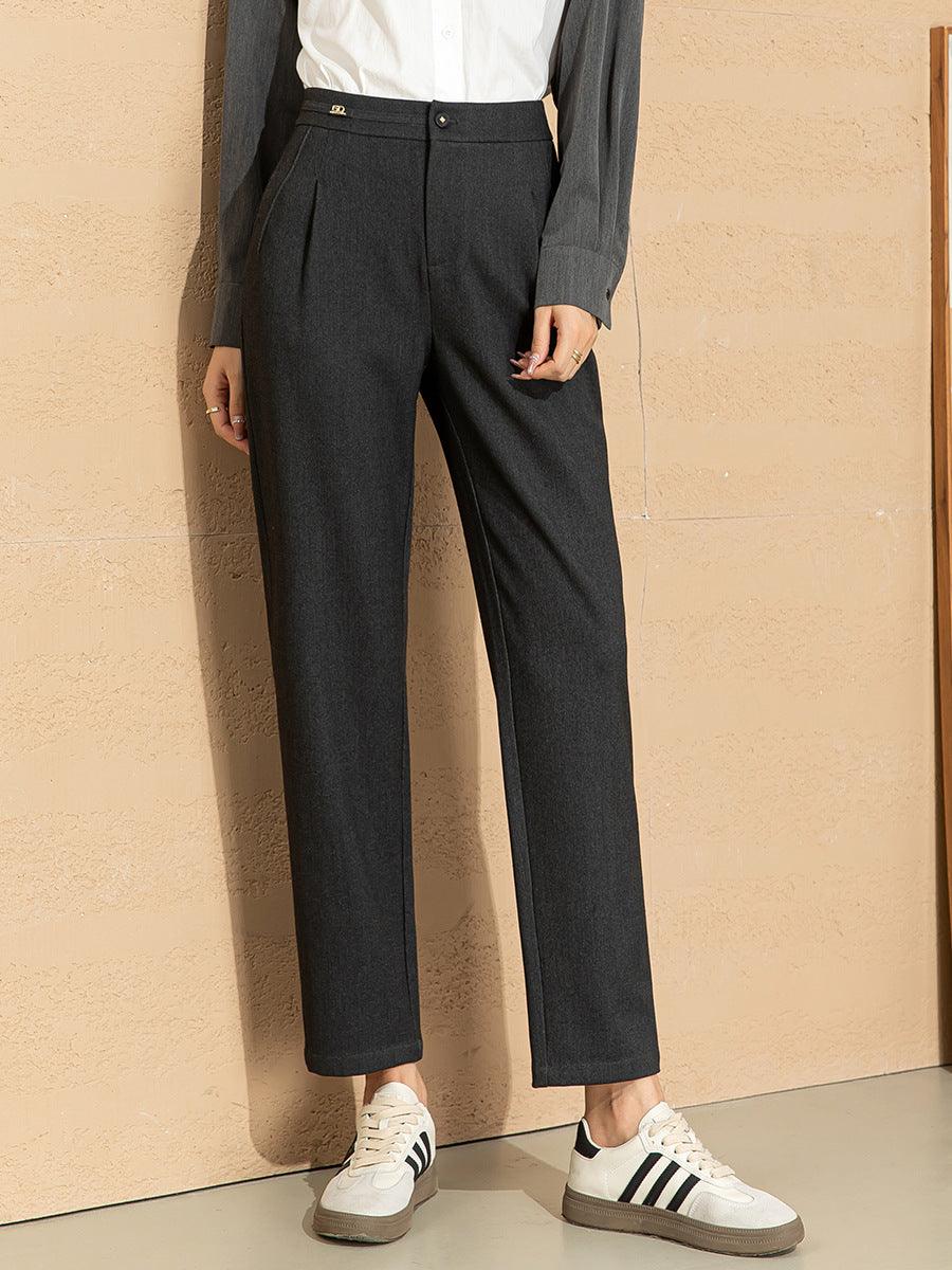 Women's High Waisted Draped Straight Leg Nine Minute Pants - Nioor