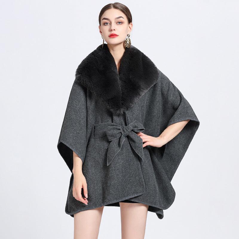 Faux Rex Rabbit Fur Collar Knit Shawl Cape - Nioor